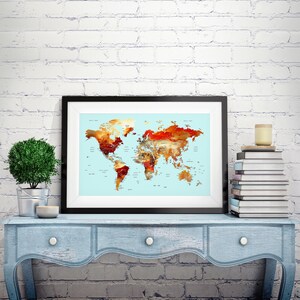Weltkarte Dateien zum Drucken, Himmelblau und Braun Herunterladbare große Dekor Karte der Welt Digitaldruckdateien, DIY Dekor