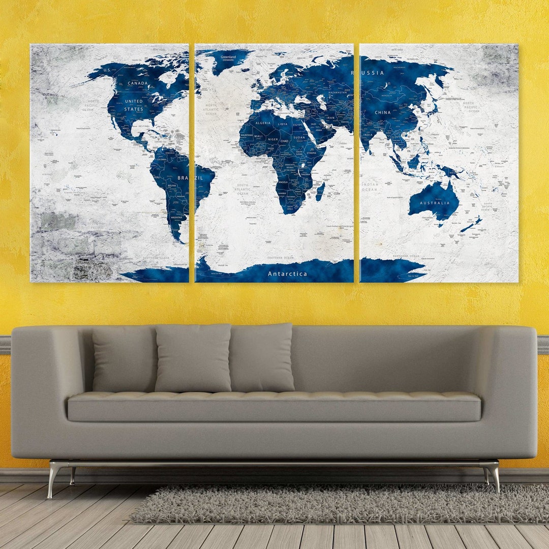 Large Canvas World Map Wall Art, Push Pin Travel Map, Navy Blue ...