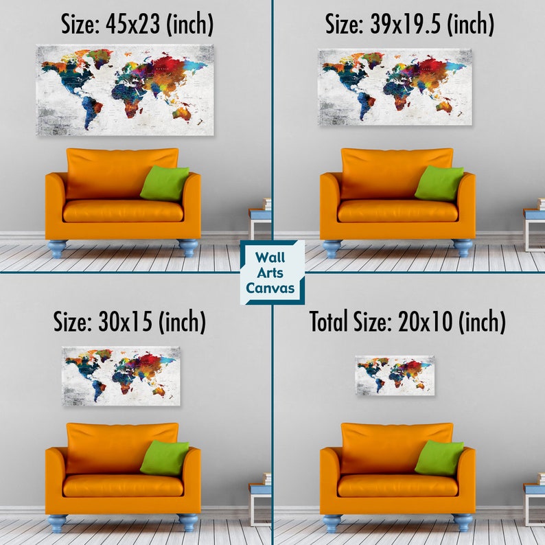 Puede incluir: La imagen muestra cuatro tama&ntilde;os diferentes de una impresi&oacute;n de lienzo de mapa del mundo. La impresi&oacute;n de lienzo presenta un fondo blanco con un dise&ntilde;o de mapa del mundo colorido. Las impresiones de lienzo se muestran en una pared sobre un sof&aacute; con un coj&iacute;n verde. El texto "Wall Arts Canvas" es visible en la imagen.