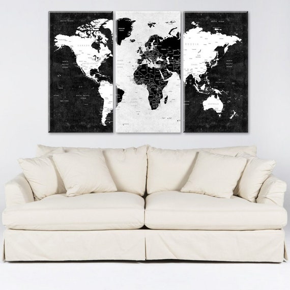 World Map Canvas, Push Pin Travel Map, Large Canvas Wall Art, Map Wall Decor, Home Gift, Living Room Decor, Black And White World Map