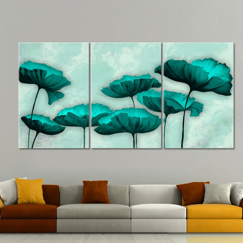 Turquoise Flowers Canvas Modern Teal Floral Wall Art Poppies Etsy
