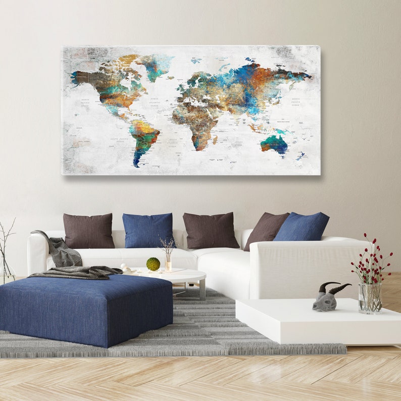 World Map Wall Art, Large Canvas, Adventure Push Pin Travel Map, Soft Color Decoration Object, Home, Office, Living Room Decor image 2