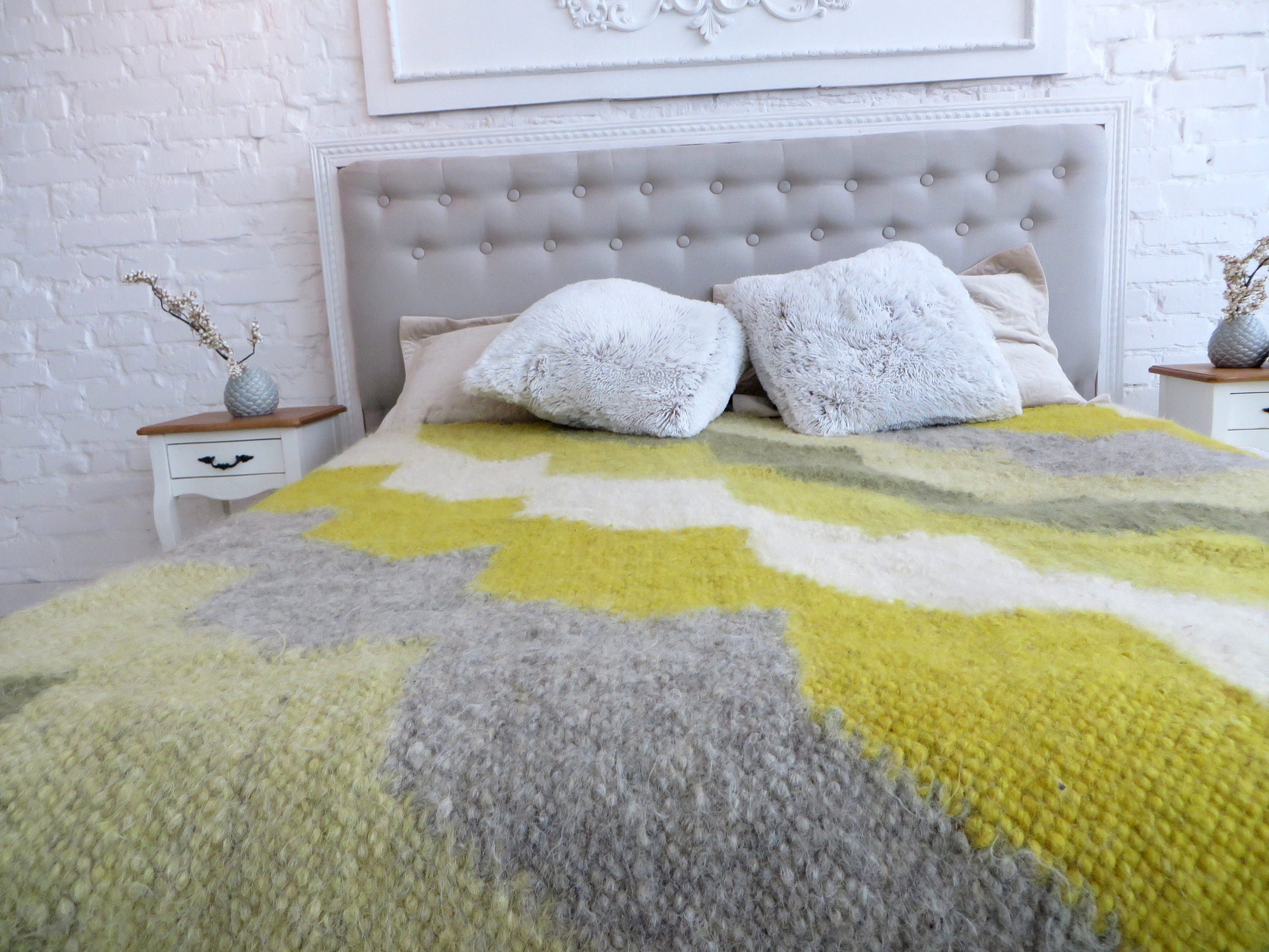 Wool Blanket Bed Cover Woven Blanket Yellow Wool Bedding Soft Etsy