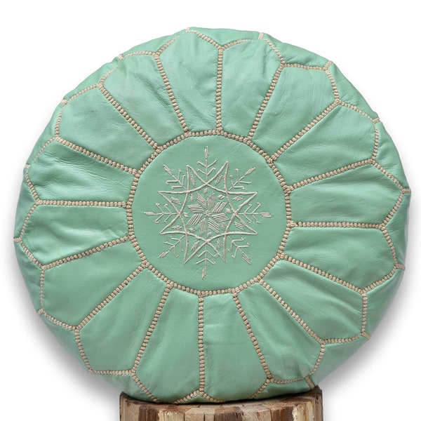 Pouf marocain en cuir pouf pouf ottoman, fait main en cuir biologique vert sauge tanné naturellement