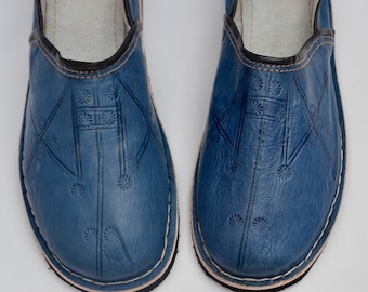 Mens Moroccan Babouche Slippers Shoes, Handmade Leather Shoes, Blue Slippers, Organic Leather Shoes, Mules, Babouche, Mens Womens Slippers.