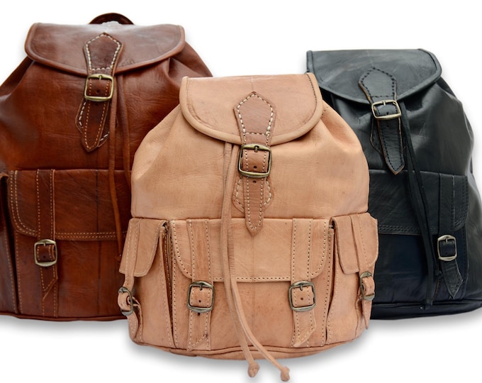 Leather Backpack Rucksack, Vintage Style, Handmade from Naturally Tanned Moroccan Leather