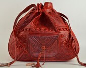 Moroccan Leather Bucket Bag, Leather Drawstring Bag, Leather Shoulder Bag, Handmade Leather Bag, Leather Handbag, Vintage Bag, Red Leather.