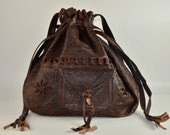 Moroccan Leather Bucket Bag, Leather Drawstring Bag, Leather Shoulder Bag, Handmade Leather Bag, Leather Handbag, Vintage Bag, Dark Brown.