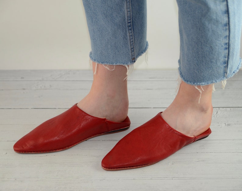 Moroccan Pointy Babouche, Leather Mules, Red Moroccan Shoes, Womens Slippers, Slides, Womens Babouche, Organic, Camel Leather, Hard Sole. image 6