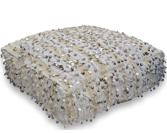 Moroccan Handira Floor Cushion, Large Floor Pillow,  Handira Pouffe, Footstool, Handmade from Wool and Sequins