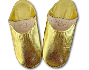 Babouche marocaine en cuir, chaussons dorés, chaussons babouche dorés pour femme, chaussons bio, chaussons faits main, babouche, mules.