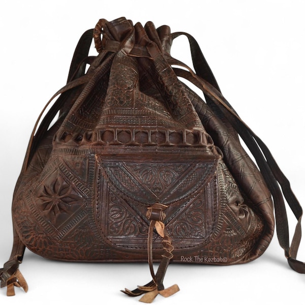 Moroccan Leather Drawstring Bucket Shoulder Bag: Handmade from Naturally Tanned Leather in Dark Brown, Vintage Style