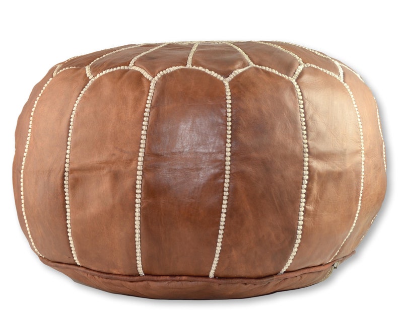 Moroccan Leather Pouffe, Handmade in Light Camel Brown Naturally Tanned Leather, Footstool, Beanbag, Ottoman. image 5