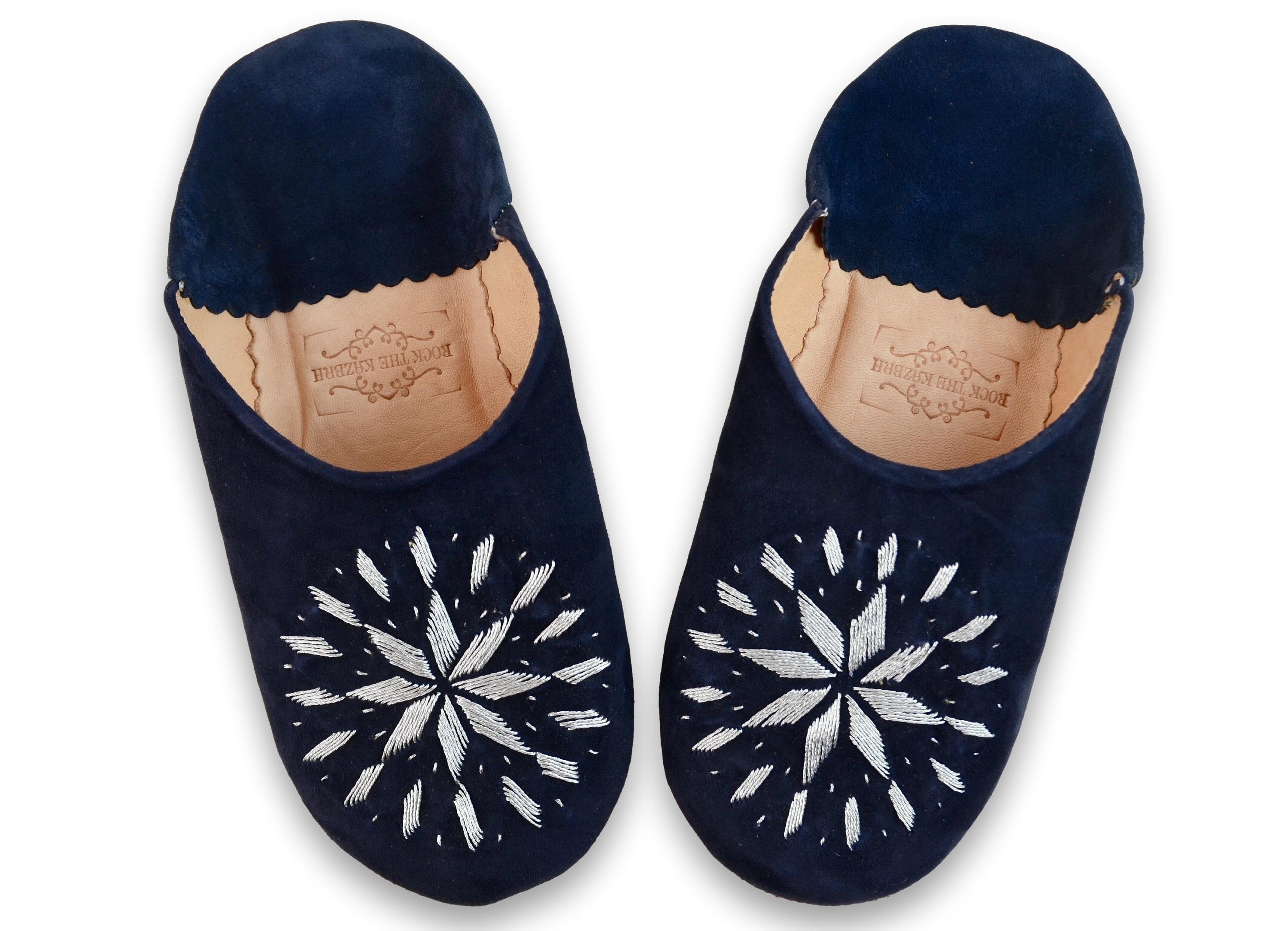 Moroccan Suede Embroidered Babouche Slippers for Women,  Handmade form Naturally Tanned Organic Leather, Dark Blue *US TARIFFS PAID*