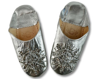 Moroccan Sequin Babouche Slippers, Silver Slippers, Womens Babouche, Handmade Slippers, Mules, Silver Babouche, Organic Slippers, Slip ons.