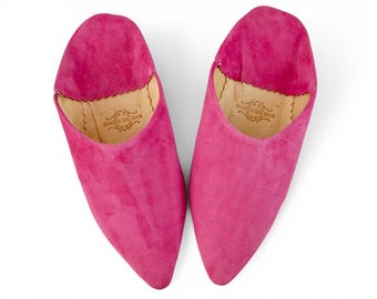 Moroccan Pink Suede Pointed Babouche Slippers, Womans Babouche, Pink Slippers, Organic Suede, Mules, Handmade