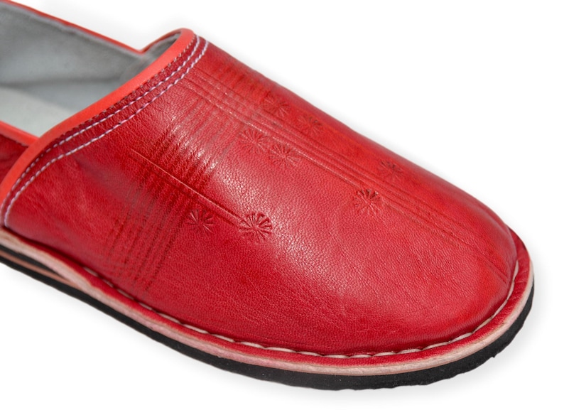Moroccan Babouche Slippers Shoes, Handmade in Red Leather, Mules, Mens Womens, Hard soles image 5