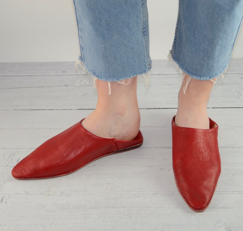 Moroccan Pointy Babouche, Leather Mules, Red Moroccan Shoes, Womens Slippers, Slides, Womens Babouche, Organic, Camel Leather, Hard Sole. image 7