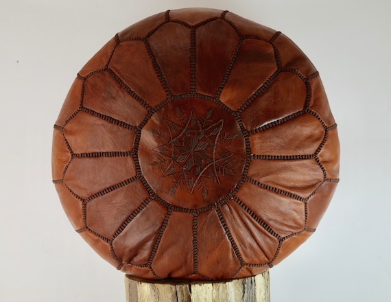 Moroccan Leather Pouffe Footstool Handmade From Naturally Tanned Leather chestnut Brown With Brown Stitching Etsy