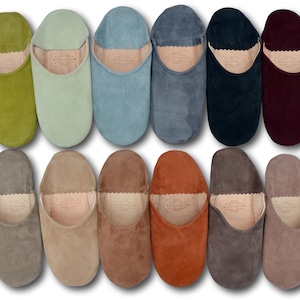 Moroccan Suede Womans Babouche Slippers, Womens Leather Mules, Moroccan Slippers, 20 Colours **US TARIFFS PAID Option**