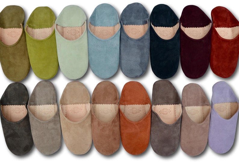 Moroccan Suede Babouche Slippers, Womens Babouche, Moroccan Slippers, Handmade Suede Slippers, Leather Slippers, Slides, Mules, 15 Colours image 1