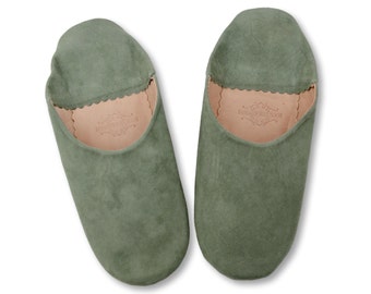 Moroccan Suede Womens Babouche Slippers, Leather Slippers, Mules, Slides, Slip ons, Handmade in Sage Green