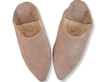 Moroccan Suede Pointed Babouche Slippers, Womens Babouche, Organic Suede, Mules, Handmade in Vintage Rose