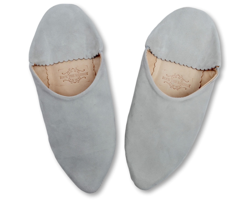 Moroccan Suede Pointed Babouche Slippers, Womens Babouche, Sheepskin Slippers, Organic Suede, Hand Dyed, Mules, Light Pearl Grey image 1