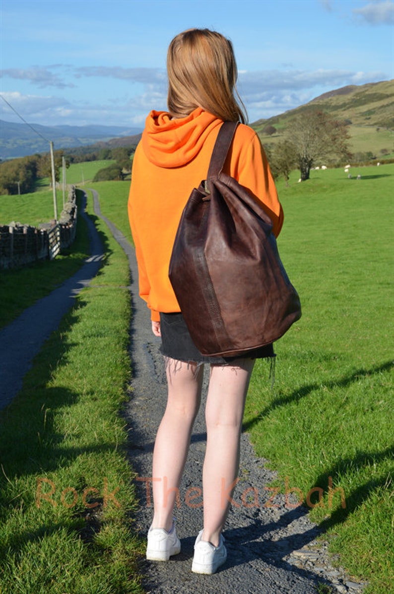 Leather Backpack, Leather Shoulder Bag, Drawstring Bag, Moroccan Bag, Duffel Bag, Leather Travel Bag, Leather Gym Bag, Leather Bucket Bag. image 9