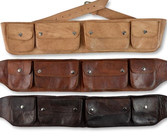 Leather Belt Bag, Hip Bag, Waist Bag, Travel Belt, Utility Belt with Four Pockets, Unisex, Handmade from Naturally Tanned Leather.