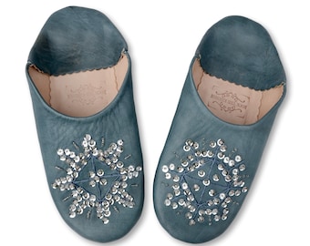 Moroccan Sequin Babouche Slippers, Grey Leather Slippers, Womens Babouche, Sheepskin Slippers, Mules, Babouche Slides, Organic Leather