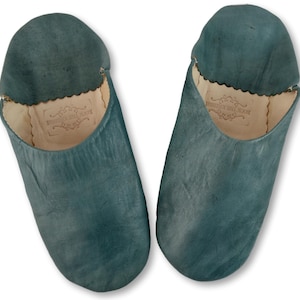 Moroccan Leather Babouche Slippers, Womens Sheepskin Slippers, Organic Slippers,  Hand Dyed in Slate Grey *US DUTY PAID Option*