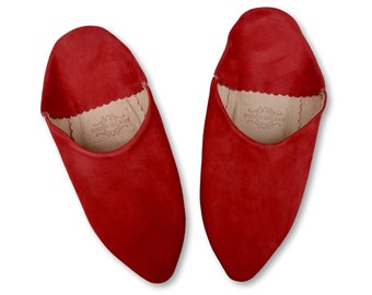 Womens Moroccan Suede Pointy Babouche, Moroccan Slippers, Suede Slippers, Pointed Babouche, Mules, Handmade in Coral Red Suede
