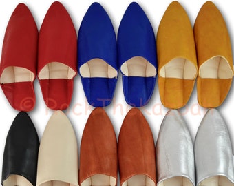 Moroccan Pointy Leather Babouche shoes slippers Mules, Handmade from Organic Leather, Hard Sole suitable for Outside use, 8 Colours.