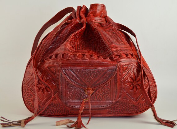 Moroccan Organic Leather Drawstring Bucket Duffel Bag Backpack Rucksack HANDMADE