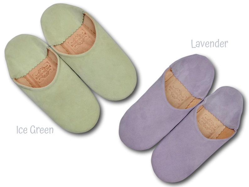 Moroccan Suede Babouche Slippers, Womens Babouche, Moroccan Slippers, Handmade Suede Slippers, Leather Slippers, Slides, Mules, 15 Colours Ice Green