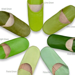 Peut inclure: Collection de chaussons en cuir de diff&eacute;rentes nuances de vert, dont kaki, vert citron, olive, mousse, vert vif, pastel et pistache. Chaque chausson est &eacute;tiquet&eacute; avec son nom de couleur, pr&eacute;sentant une gamme de tons terreux et vifs. Les chaussons sont dispos&eacute;s en cercle.