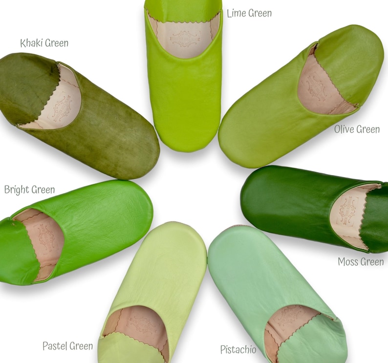 Peut inclure: Collection de chaussons en cuir de diff&eacute;rentes nuances de vert, dont kaki, vert citron, olive, mousse, vert vif, pastel et pistache. Chaque chausson est &eacute;tiquet&eacute; avec son nom de couleur, pr&eacute;sentant une gamme de tons terreux et vifs. Les chaussons sont dispos&eacute;s en cercle.