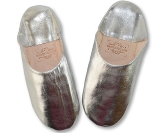 Moroccan Leather Babouche Slippers, Sheepskin Slippers, Silver Slippers, Organic Slippers, Handmade Slippers, Mules, Womens Babouche, Silver