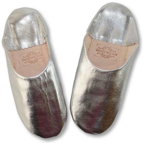Moroccan Leather Babouche Slippers, Sheepskin Slippers, Silver Slippers, Organic Slippers, Handmade Slippers, Mules, Womens Babouche, Silver