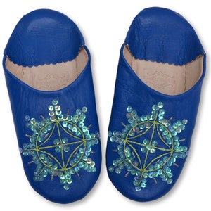 Pantofole babouche marocchine in pelle blu e paillettes fatte a mano con pelle conciata al naturale, pantofole in pelle di pecora, muli *TARIFFE USA PAGATE*