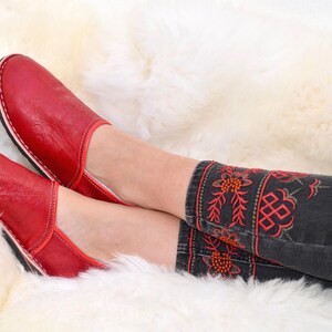 Moroccan Babouche Slippers Shoes, Handmade in Red Leather, Mules, Mens Womens, Hard soles image 6