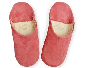 Moroccan Babouche Suede Slippers, Women's Mules, Handmade in Pink
