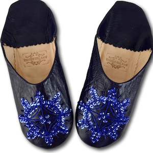 Moroccan Leather Sequin Slippers, Blue Babouche Slides, Leather Slippers, Womens Babouche, Sheepskin Slippers, Handmade Slippers, Loafers