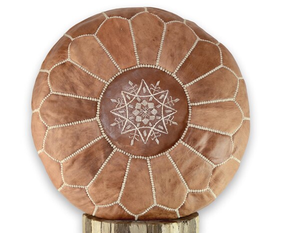 Moroccan Leather Pouffe, Handmade in Light Camel Brown Naturally Tanned Leather, Footstool, Beanbag, Ottoman.