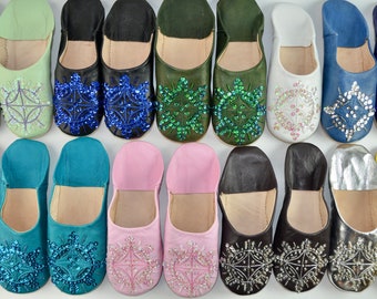 Marokkanische Pailletten Babouche Hausschuhe, Damen Leder Babouche, Pantoletten, natürlich gegerbtes Leder, 13 Farben, Stern Design *US TARIFF PAID*