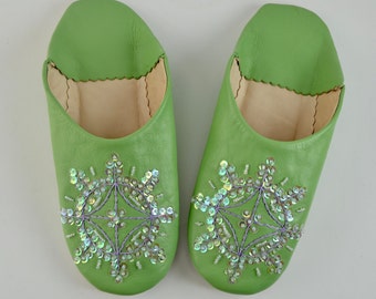 Moroccan Sequin Babouche Slippers, Green Slippers, Womens Babouche, Slip on Slippers, Mules, Organic Slippers, Slides, Pistachio Green.