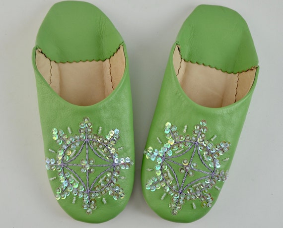 Moroccan Sequin Babouche Slippers Green Slippers Womens Babouche