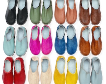Chaussures babouche marocaines FAITES MAIN, chaussons en cuir pour hommes et femmes, mules, 12 COULEURS !!