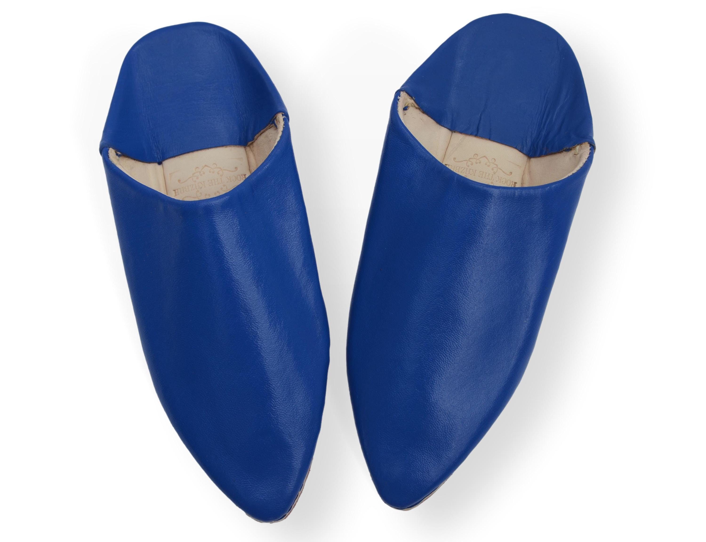 【まる子】CONSTRUCTIVE HEEL BABOUCHE Moroccan Pointed Babouche, Leather Mules, Blue Moroccan